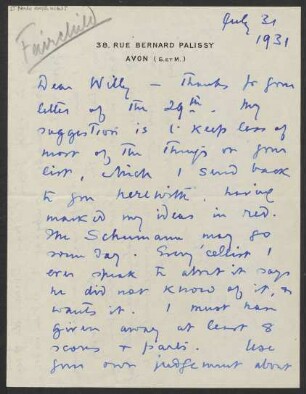Brief an Willy Strecker und B. Schott's Söhne : 31.07.1931