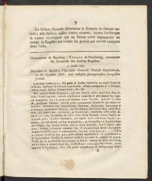 Ordonnance de Monsieur L'Éveque de Strasbourg, concernant les formalités des doubles Registres. 20. Julliet 1762.