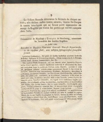 Ordonnance de Monsieur L'Éveque de Strasbourg, concernant les formalités des doubles Registres. 20. Julliet 1762.