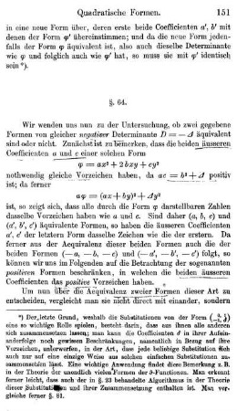 §. 64. Negative Determinanten. Positive Formen Reduoirte Formen. Jede Form ist einer reducirten Form äquivalent.