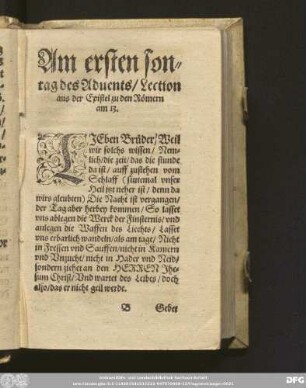 Am ersten sontag des Advents/ Lection aus der Epistel zu den Römern am 13.