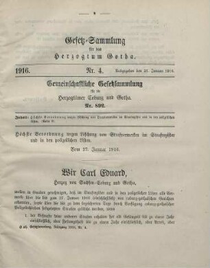 4. Höchste Verordnung wegen Löschung von Strafvermerken im Strafregister und in den polizeilichen Listen. Vom 27. Januar 1916