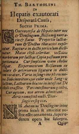 Thomae Bartholini de Hepatis Exautorati Desperata Causa : Cum praecipuis eruditae Europae Medicis Concertatio
