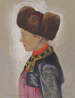 Mädchen mit der Bieberfell-Mütze aus dem Walsertal. Vorarlberg. Wiederholt nach der Originalskizze.