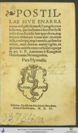 POSTILLAE SIVE ENARRAtiones in Epistolarum & Euangeliorum lectiones, Pars Hyemalis.