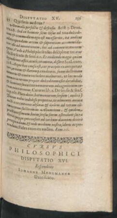 Cursus Philosophici Disputatio XVI. Respondente Johanne Mehlmanno Dantiscano.