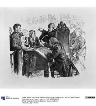 Adam redet während der Verhandlung auf Veit ein, vorn sitzt der Schreiber Licht und tunkt die Feder ein, rechts hinten der Gerichtsrat, im Begriff zu niesen, zu Heinrich von Kleist "Der Zerbrochene Krug"