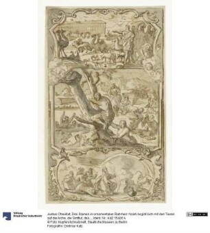 Drei Szenen in ornamentalen Rahmen: Noah begibt sich mit den Tieren auf die Arche, die Sintflut, das Dankopfer Noahs nach dem Ende der Sintflut