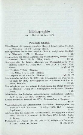 Bibliographie vom 1. Mai bis 30. Juni 1878.