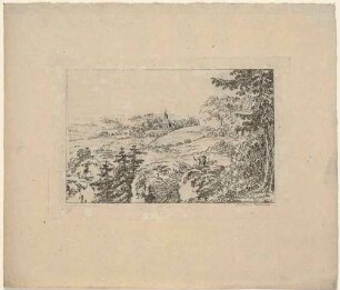 Landschaft (?), Blick aus dem Wald mit Dorf und Burg, im Vordergrund zwei Wanderer
