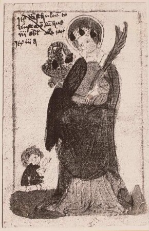 Heilige Dorothea mit Rosenkranz, Blumenkorb und Palmenzweig, links Jesuskind, ihr eine Blume reichend