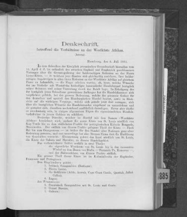 Denkschrift, betreffend die Verhältnisse an der Westküste Afrikas.