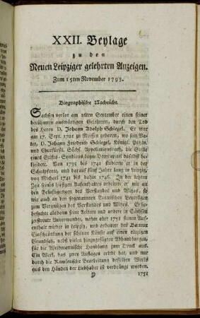XXII. Beylage zu den Neuen Leipziger gelehrten Anzeigen. Zum 15ten November 1793.