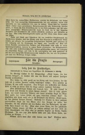 Selig sind die Friedfertigen : Schulandacht im Kriege