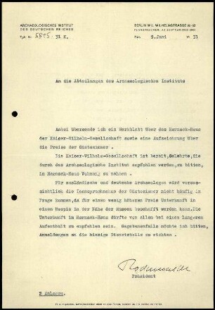 G. Rodenwaldt an DAI alle Abteilungen