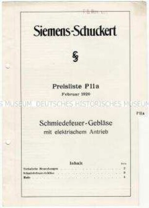 Preisliste P 11a über Schmiedefeuer-Gebläse