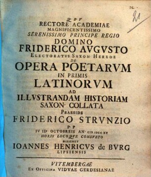 De opera poetarum in primis latinorum : ad illustrandam historiam Saxon. collata