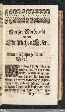 Kurtzer Vorbericht an den Christlichen Leser
