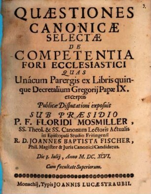 Quaestiones Canonicae Selectae De Competentia Fori Ecclesiastici