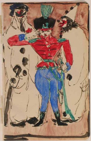 Zwei Clowns und Frau in Uniform