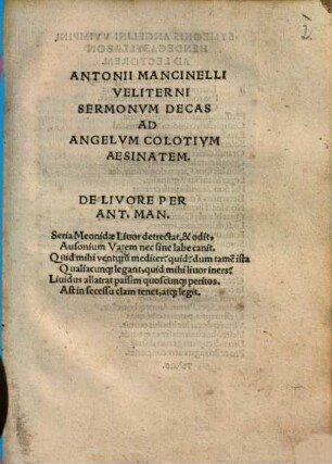 Antonii Mancinelli Veliterni Sermonvm Decas : Ad Angelvm Colotivm Aesinatem