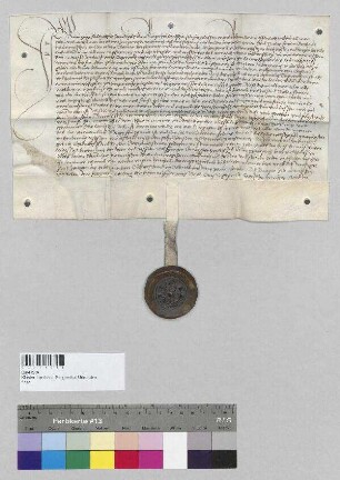 Kunigunde, Witwe von Albrecht Staudigel, Bürger zu Landshut, verschreibt an St. Nikola zu Landshut zur Abhaltung eines Jahrtags ein Tagwerk der Gruberin Wiese zu Landshut im obern werd. S: Wolfgang Gumppenberger zu Gumppenberg, Erbmarschall in Bayern, Oberrichter zu Landshut