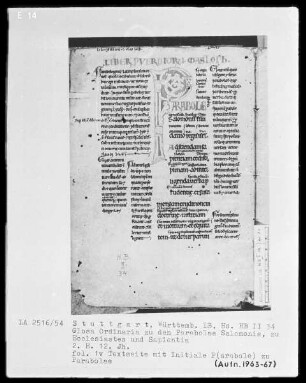 Bibliorum libri Proverbiorum, Ecclesiastes, Sapientiae cum Glossa ordinaria — Initiale P(arabole), Folio 1verso