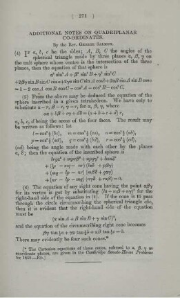 Additional notes on quadriplanar co-ordinates.