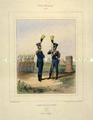 Uniformdarstellung, Offizier und Gemeiner der Leichten Infanterie, Kaiserreich Frankreich, 1804/1812. Tafel Nr. 127 aus: Galerie Militaire.