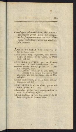 Catalogue alphabétique des auteurs classiques grecs dont les oeuvres et les fragments sont contenus dans cette collection, avec les éditions de chacun.