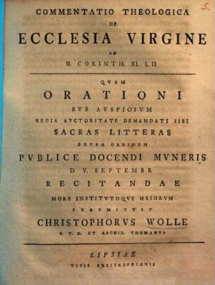Commentatio theologica de ecclesia virgine : ad II. Corinth. XI. I.II