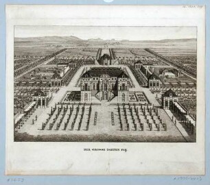 Der Große Garten im Jahr 1719 aus der Vogelperspektive nach Osten, im Hintergrund die Sächsische Schweiz, aus den Abbildungen zur Chronik Dresdens von 1835