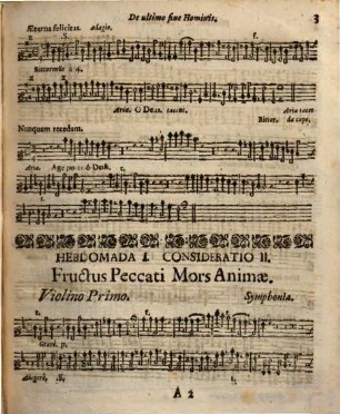 THEATRUM SOLITUDINIS ASCETICAE, SIVE DOCTRINAE MORALES PER CONSIDERATIONES MELODICAS Ad Normam sacrorum Exercitiorum S. P. IGNATII Compositae, & in Alma Sodalitate B. V. MARIAE ab Angelo salutatae Monachij Per Verni Jejunij Dies Dominicas Horis pomeridianis in Theatro exhibitae Nunc ad plurium utilitatem in Lucem datae. à P. FRANCISCO LANG Soc. JESU ejusdem Sodalitatis pro tempore PRAESIDE, Et in Modulos reductae ab artis Musicae Magistris, quorum Nomina sequens folium ostendit. Cum facultate Superiorum. Venales prostant apud Joannem Hibler Bibliopolam Monachij, 7. [Violino Imo]