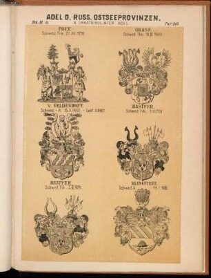 Taf. 215. - Fock. Schwed. Frh. 27.XII.1778. - Grass. Schwed. Fhn. 18.III.1689. - v. Gyldenhoff. Schwed.-A. 13.X.1662 - Conf. 9.XI.1677. - Hastfer. Schwed. Frh. 1.VI.1731. - Hastfer. Schwed. Frh. 3.III.1678. - KLingstedt. Schwed. A. 14.I.1660