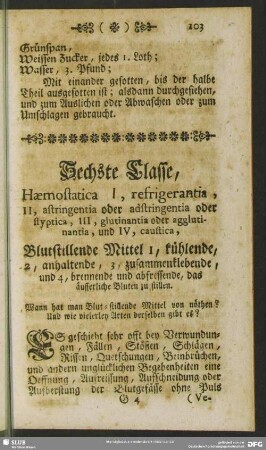 Sechste Classe, Haemostatica ... Blutstillende Mittel