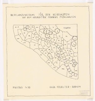 Garten Herbert Franke, Mühlhausen: Bepflanzungsplan für den Heidegarten 1:50