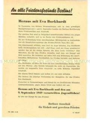 Propagandaflugblatt zum Protest gegen die Verurteilung von Einwohnern der Westsektoren Berlins durch ein amerikanisches Militärgericht