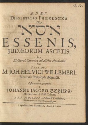 Dissertatio Philologica De [...] Essenis, Judaeorum Ascetis