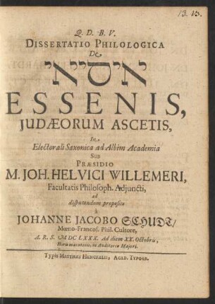 Dissertatio Philologica De [...] Essenis, Judaeorum Ascetis