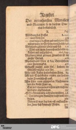 Register Der vornehmsten Moralien und Materien so in diesem Tractat befindtlich.