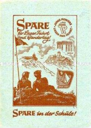 Schulheft mit Werbung für das Sparen auf der Rückseite des Einbandes