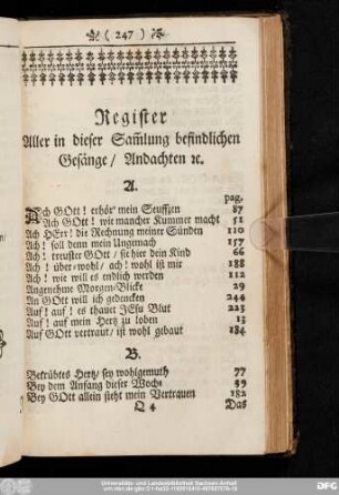 Register Aller in dieser Sam[m]lung befindlichen Gesänge, Andachten [et]c.