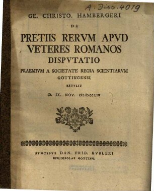 Ge. Christo Hambergeri de pretiis rerum apud veteres Romanos disputatio