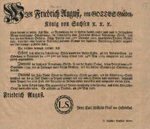 Wir Friedrich August, von Gottes Gnaden, Koenig von Sachsen etc. etc. etc.