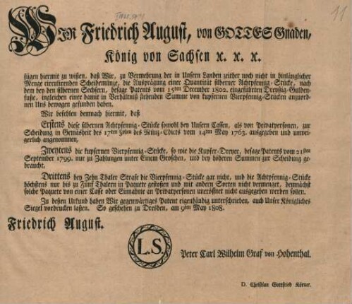 Wir Friedrich August, von Gottes Gnaden, Koenig von Sachsen etc. etc. etc.