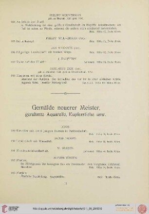 Gemälde neuerer Meister, gerahmte Aquarelle, Kupferstiche usw. (Nr. 189-235)