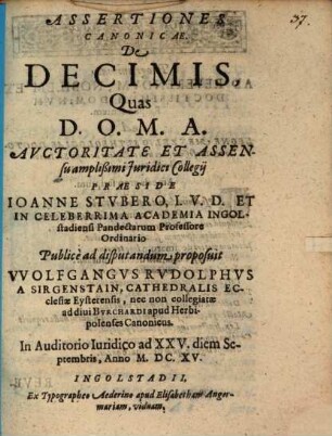 Assertiones canonicae de decimis