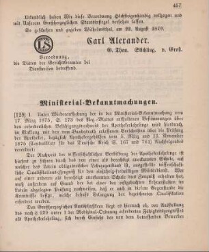 129. Ministerial- Bekanntmachung, die Prüfung der Apotheker, bezüglich Apothekergehülfen betreffend