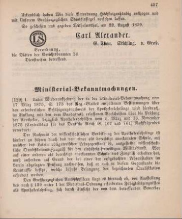 129. Ministerial- Bekanntmachung, die Prüfung der Apotheker, bezüglich Apothekergehülfen betreffend