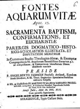 Fontes aquarum vitae, s. Sacramenta Baptismi ...
